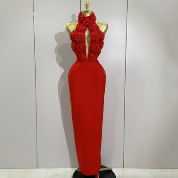 Women Celebrity Sexy Halter Backless Flower Long Bandage Bodycon Dress  Luxury Birthday Dress Elegant Evening Party Outfit