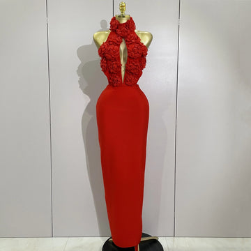 Women Celebrity Sexy Halter Backless Flower Long Bandage Bodycon Dress 2025 Luxury Birthday Dress Elegant Evening Party Outfit