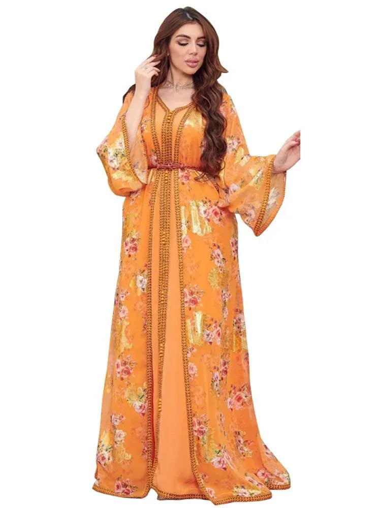 Djellaba Marocaine Two Piece Muslim Dress Chiffon Print Belted Kaftan Ramadan Gown Abayas Islamic Cloth Turkish Women Clothes