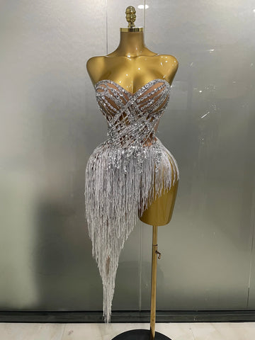 New Sparkly Rhinestone Sequin Tassel Sexy Mini Skirt Two Pieces Set Women Birthday Celebrate Party Nightclub Stage Costume