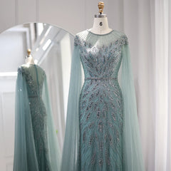 Luxury Arabic Blue Mermaid Evening Dress with Cape Sleeves Sage Green Gold Dubai Women Wedding Party Gowns