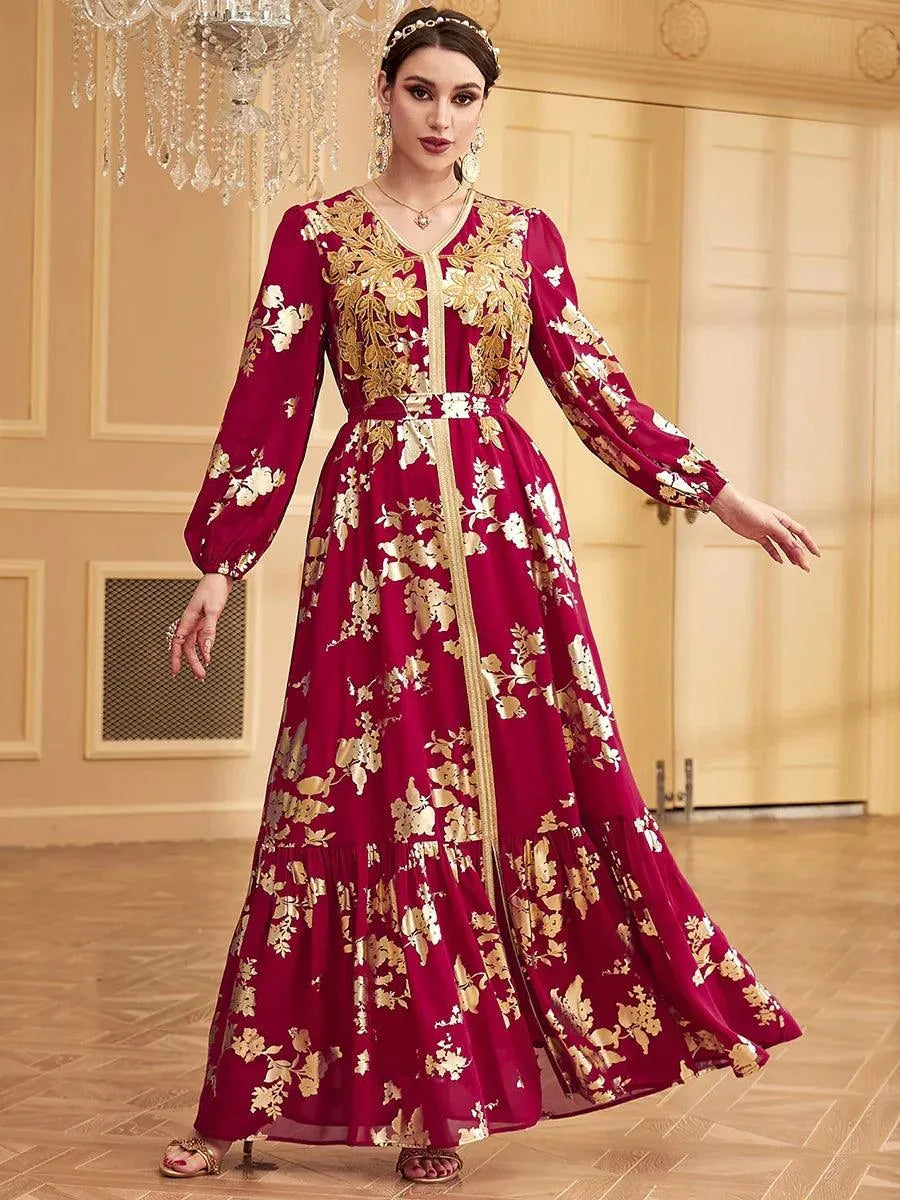 Red Evening Party Dubai Elegant Gown For Women Appliques Sequin Belted Dress V-Neck Gold Stamping Abaya Moroccan Kaftan Red Dress