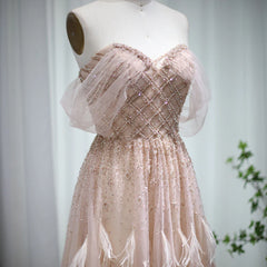 Luxury Feather Pink Dubai Evening Dresses Elegant Off Shoulder Beaded Champagne Formal Dress for Women Wedding