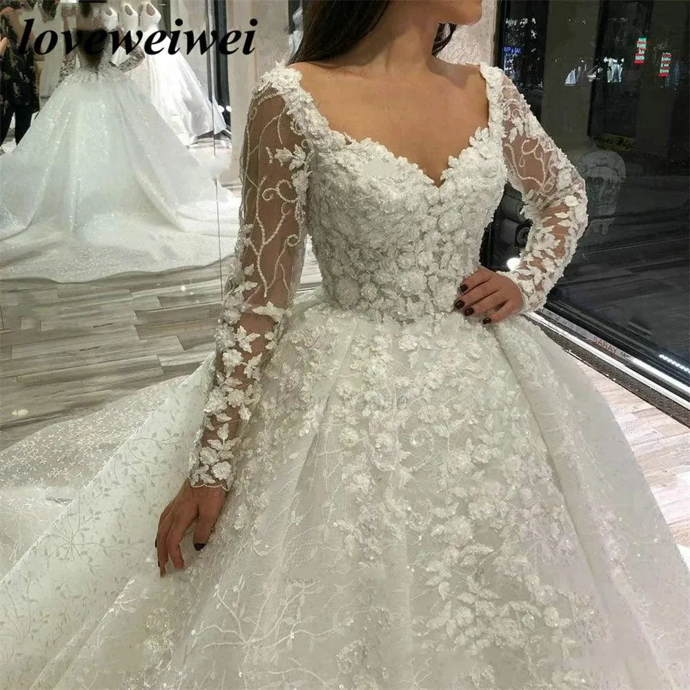 Luxury Lace Wedding Dresses New Long Sleeves Bride robe de mariage Beaded Appliqued Ball Gowns Bridal Dresses vestido de noiva Ivory