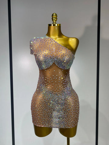 Sparkly Rhinestones Women Sexy One Shoulder Bodycon Mini Dress Mesh See Through Celebrate Nightclub Party Birthday Stage Outfit