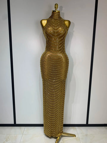 Women Sexy Sparkly Rhinestone Gold Maxi Dress Mesh See Through Evening Party Singer Stage Perform Costume Luxury Birthday Gown