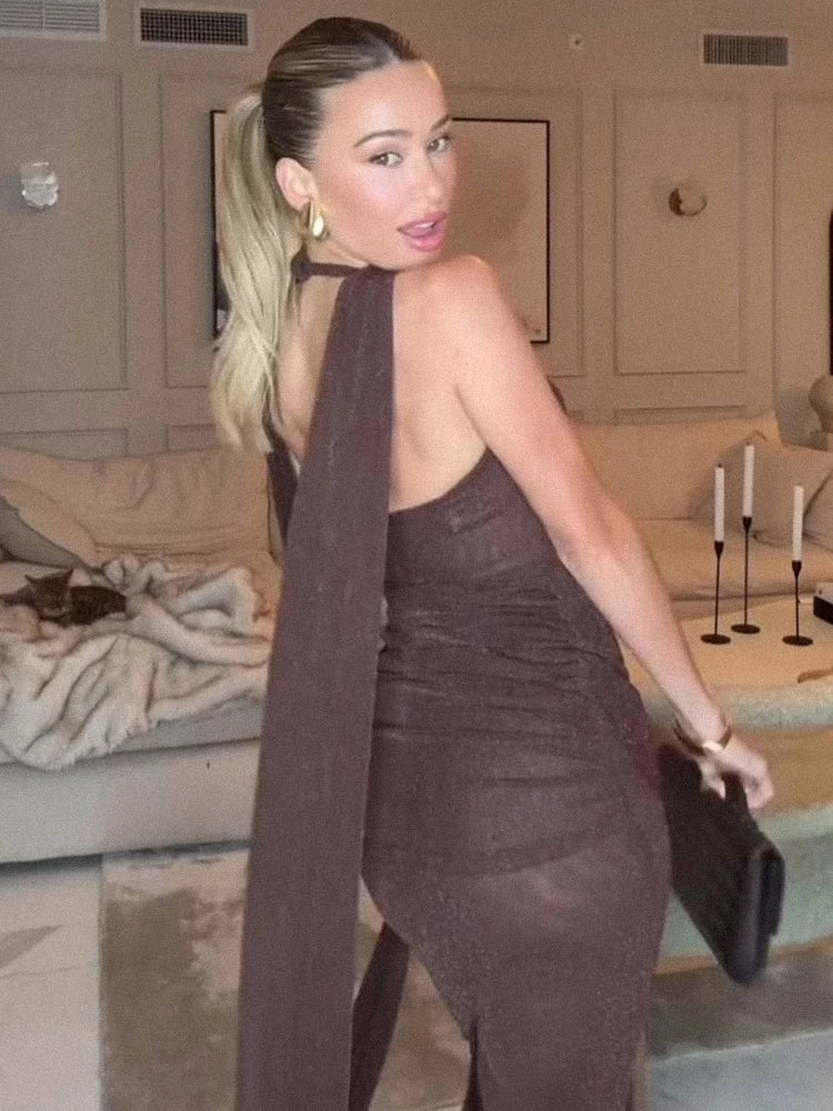 VC Sleek Modern Brown Halter Backless Maxi Dress with Waist Tie Drape Details for Party Evening Gown