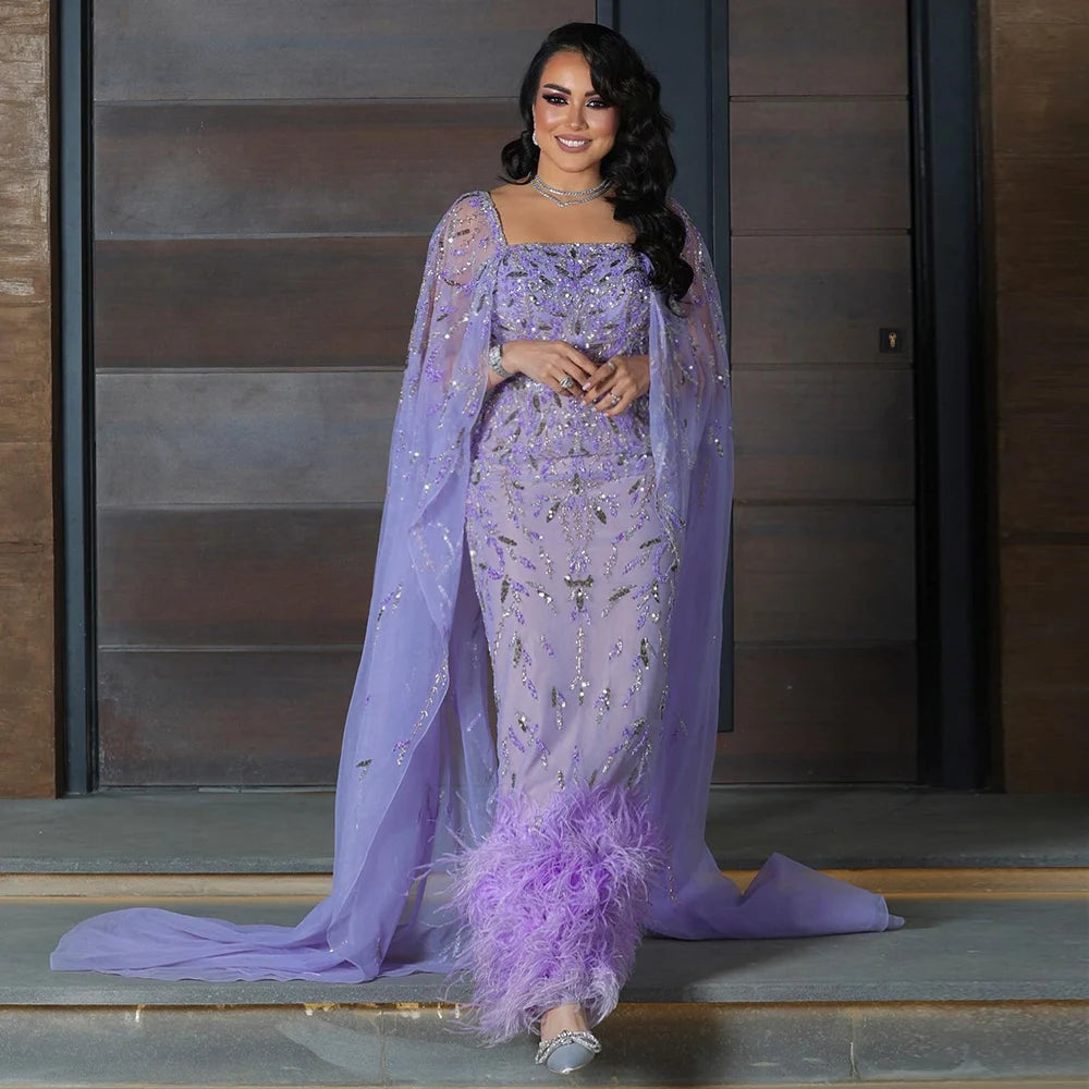 Dubai Luxury Feathers Lilac Evening Dress with Cape Sleeves Ankle Length Midi Arabic Women Wedding Party Gowns