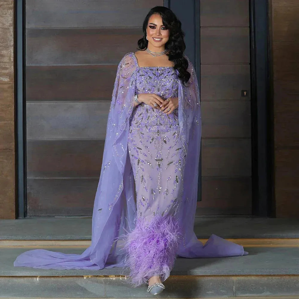 Dubai Luxury Feathers Lilac Evening Dress with Cape Sleeves Ankle Length Midi Arabic Women Wedding Party Gowns Evening Dress