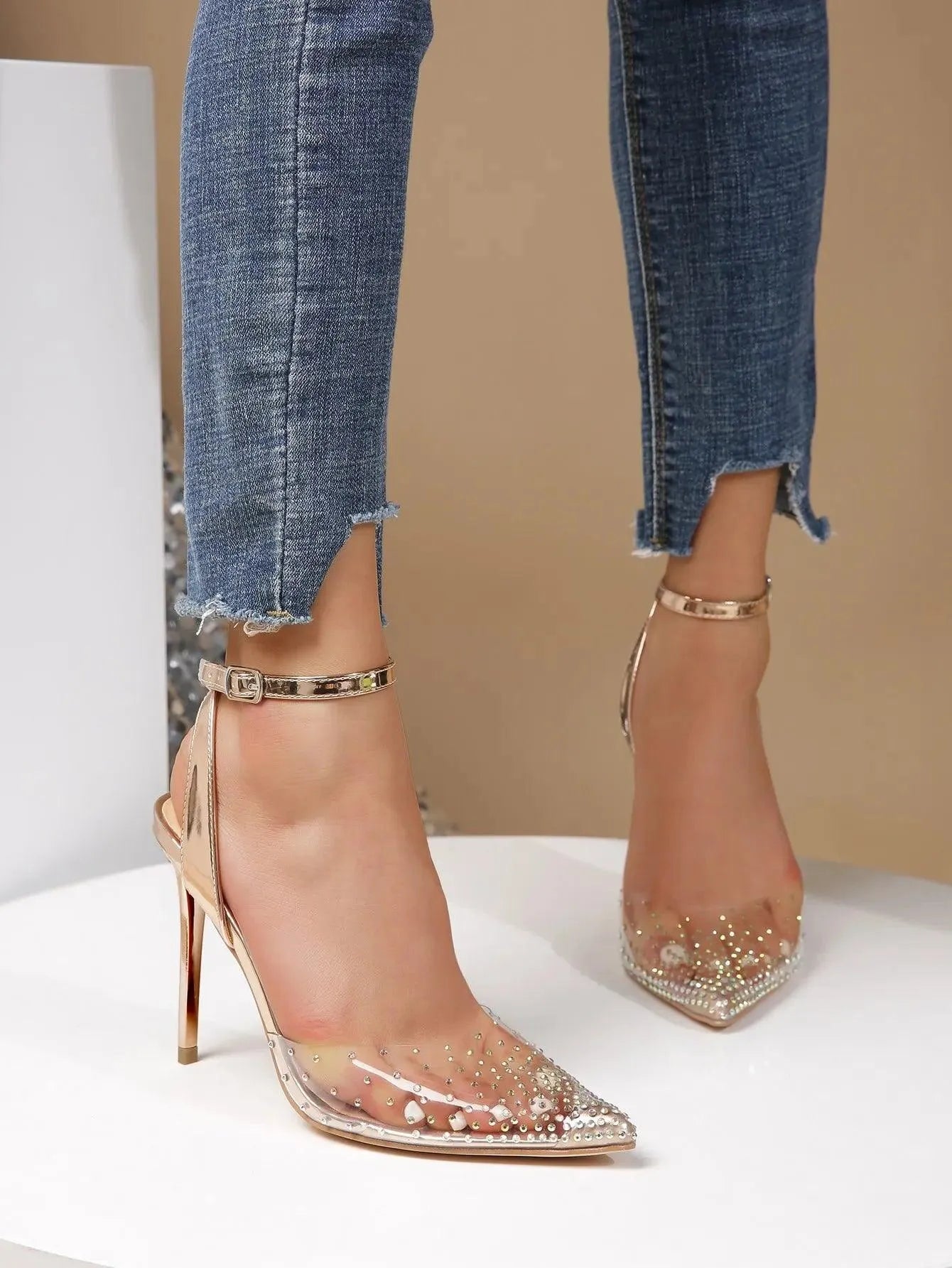 Neue Damenmode Spitzen Strass Dekoration Bankett Rutschfeste Gold Stiletto  Heels LS894, image size:1340x1785