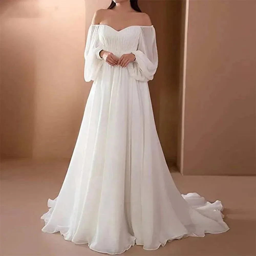 Simple Strapless Wedding Dresses Puff Sleeves Backless Chiffon Bridal Gowns Robe De Mariee Court Train For Elegant Women