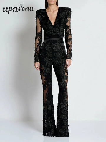 2025 Sexy Women's Light Luxury Embroidered Hot Diamond Patchwork Design jumpsuit V-neck Long sleeved Evening Party Horn jumpsuit