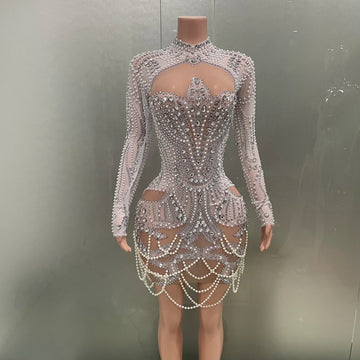 STOCK White Color Women Long Sleeve Sexy Mesh Beading Bodycon Mini Dress High Stretch Celebrate Birthday Party Dress