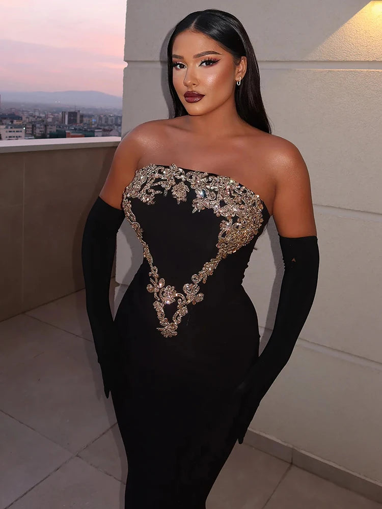 VC Glamorous Black Strapless Mermaid Dress  with Crystal Embellishments for Gala Events Evening Gown