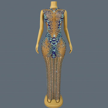 Sparkling Rhinestone See Through Mesh Evening Gown Birthday Celebrate Prom Sexy Long Dress Nightclub Cocktail Party Lantianyise