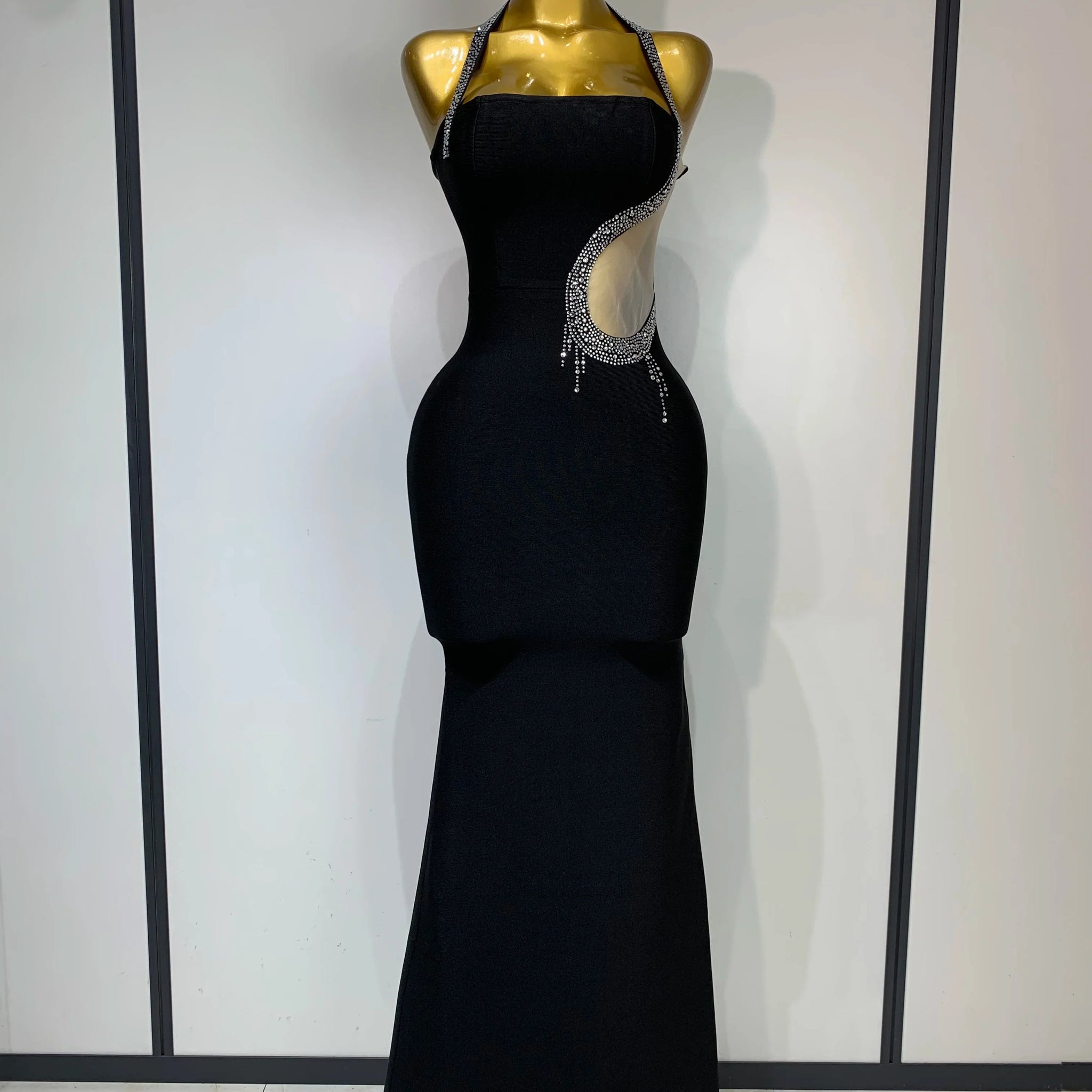 Women Sexy Rhinestone Halter Long Bandage Bodycon Dress  Celebrity Elegant Evening Party Luxury Birthday Wedding Dresses