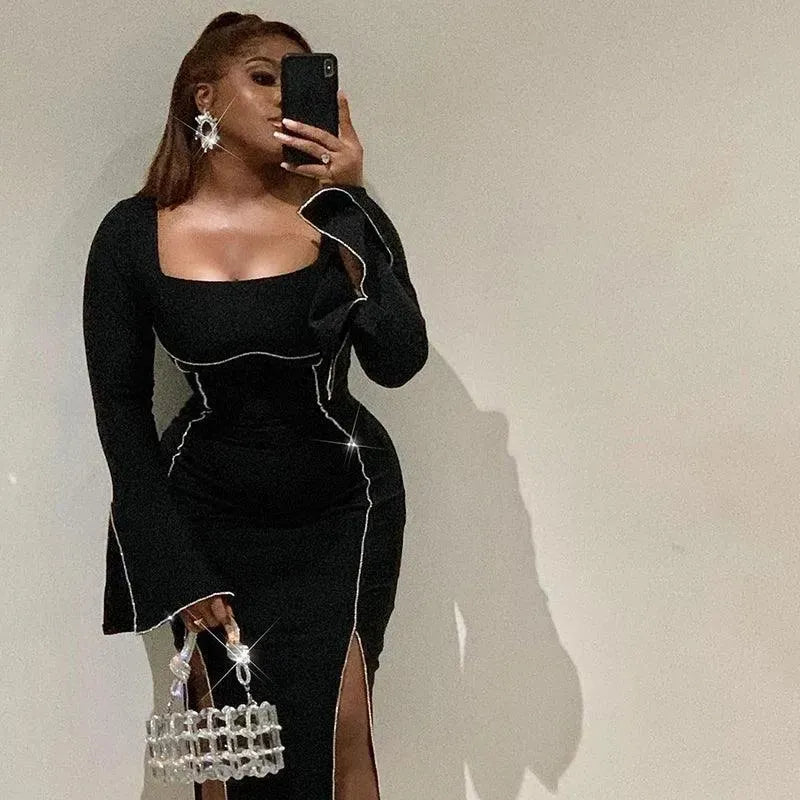 Sexy Rhinestone Black Dress Women Hipster Square Collar Full Sleeve Split Bodycon Midi Dresses Autumn Party Clubwear YY2344