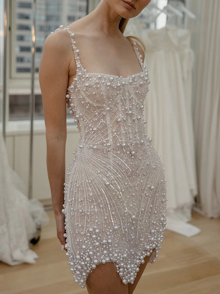 VC Stunning Beige Sleeveless Pearl Short Wedding Mini Dress Party Evening Gown