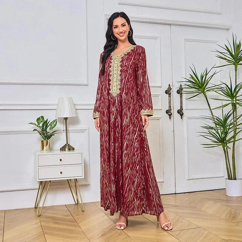 Abaya For Women V-neck Applique Muslim Women Robe Dubai Long Dress For Prom Slim Fit Bottom Fabric Gold Stamping High End Robe