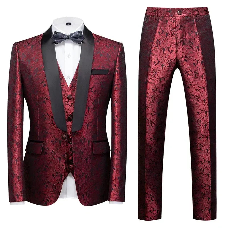 Spring Autumn Men's Casual Business Boutique Flower Suit Three Pieces Set / Men's Coat Jacket Pants Vest Trousers Waistcoat