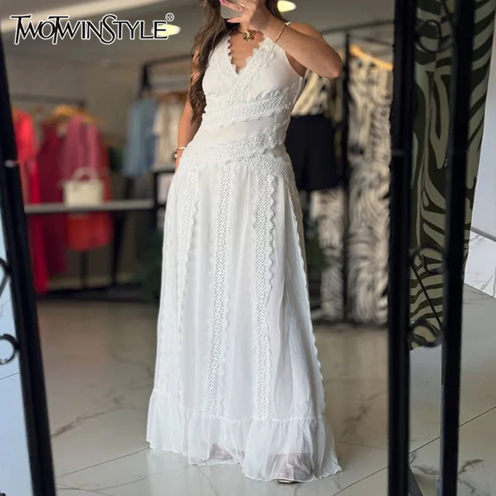 White Spliced Lace Minimalist Dresses for Women V Neck Sleeveless Temperamnet Long Dress Female Fashion Clothes New