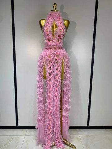 Mesh Sequins Sexy Backless Halter See Through Dress  Birthday Evening Party Prom Nightclub Singer Stage Performance Costume