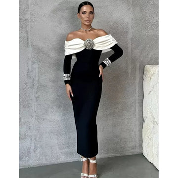 Sexy Off The Shoulder Luxury Diamonds White Patchwork Black Long Bandage Dress Elegant Woman Party Dress Wedding Party  Vestido