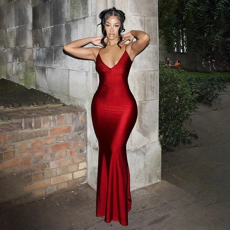 Red Spaghetti Strap Maxi Dress Women Sexy Sleevelss Backless V-Neck Slim Party Evening Clubwear