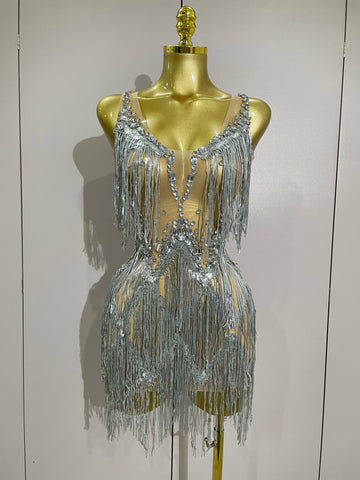 Sparkly Rhinestone Tassels Sexy Mesh Mini Dress  Women Evening Birthday Party Dresses Nightclub Performance Stage Costume