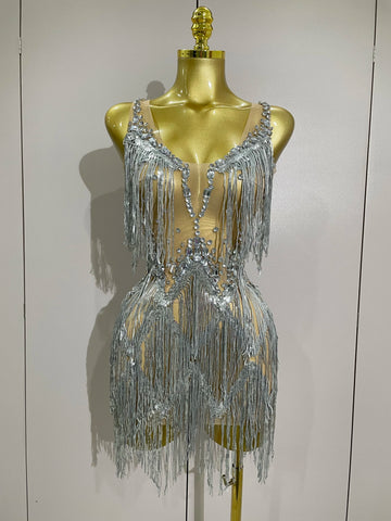 Sparkly Rhinestone Tassels Sexy Mesh Mini Dress 2025 Women Evening Birthday Party Dresses Nightclub Performance Stage Costume