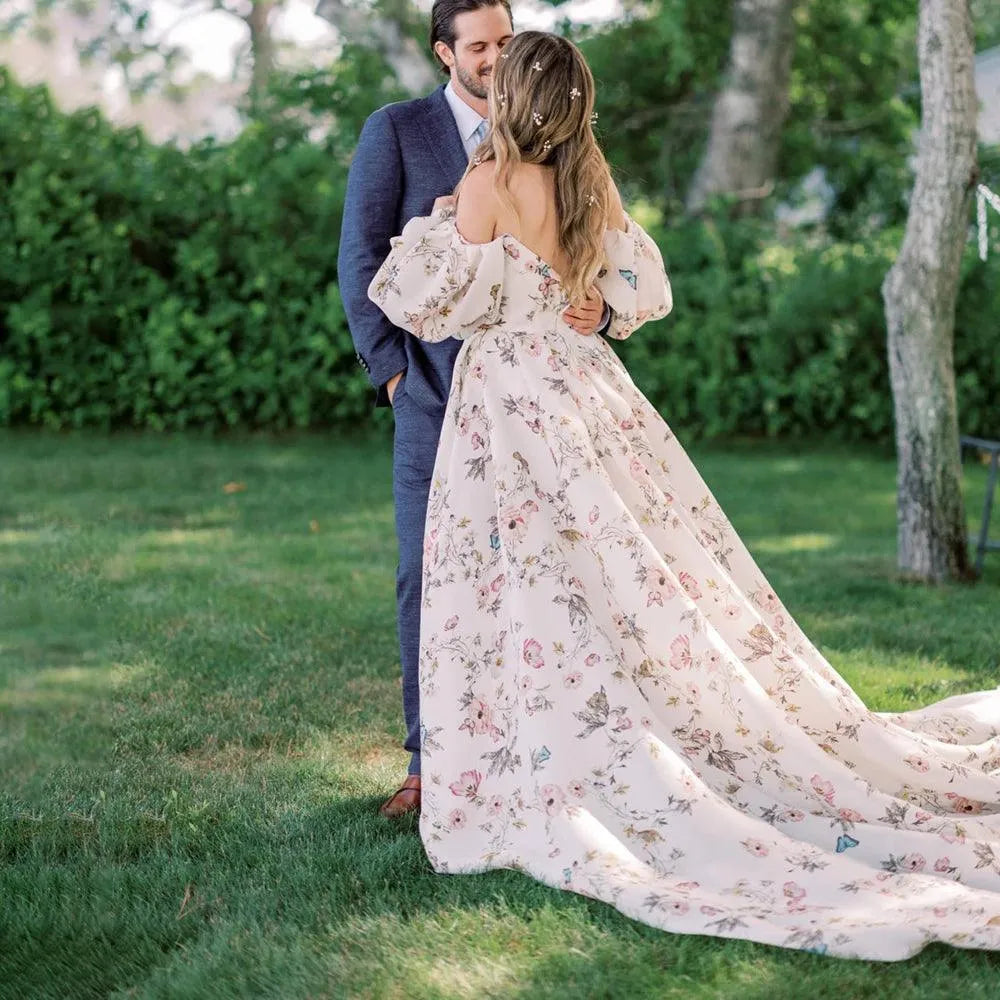 Floral Print Long Bishop Sleeve Bridal Gown High Split Chapel