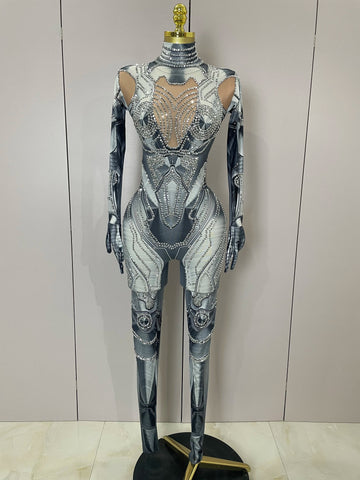 New Trendy Women Sexy Rhinestones Printed Skinny Jumpsuit High Street Performance Dance Costume Bar Club Show Stage Wear