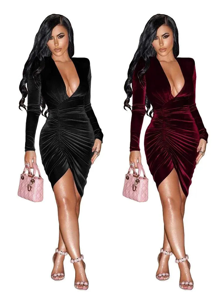 New Fall Winter Deep V Neck Shirring Golden Velvet Long Sleeve Sexy Mini Bodycon Dress Women