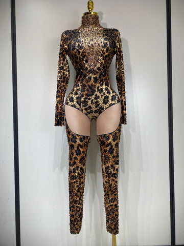 Women 2025 Stretch Leopard Print Sexy Bodycon Jumpsuit Bar Nightclub Singer Dancer Luxury Diamond Stage Performance Outfit