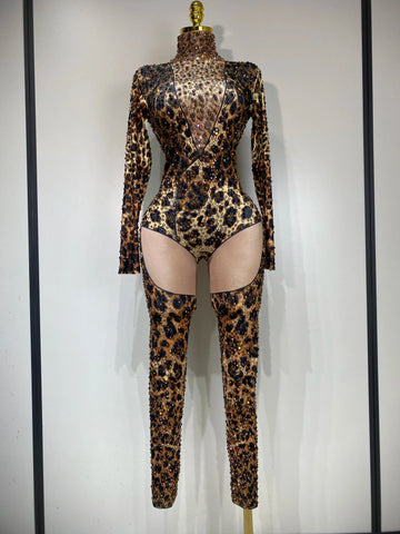Women  Stretch Leopard Print Sexy Bodycon Jumpsuit Bar Nightclub Singer Dancer Luxury Diamond Stage Performance Outfit