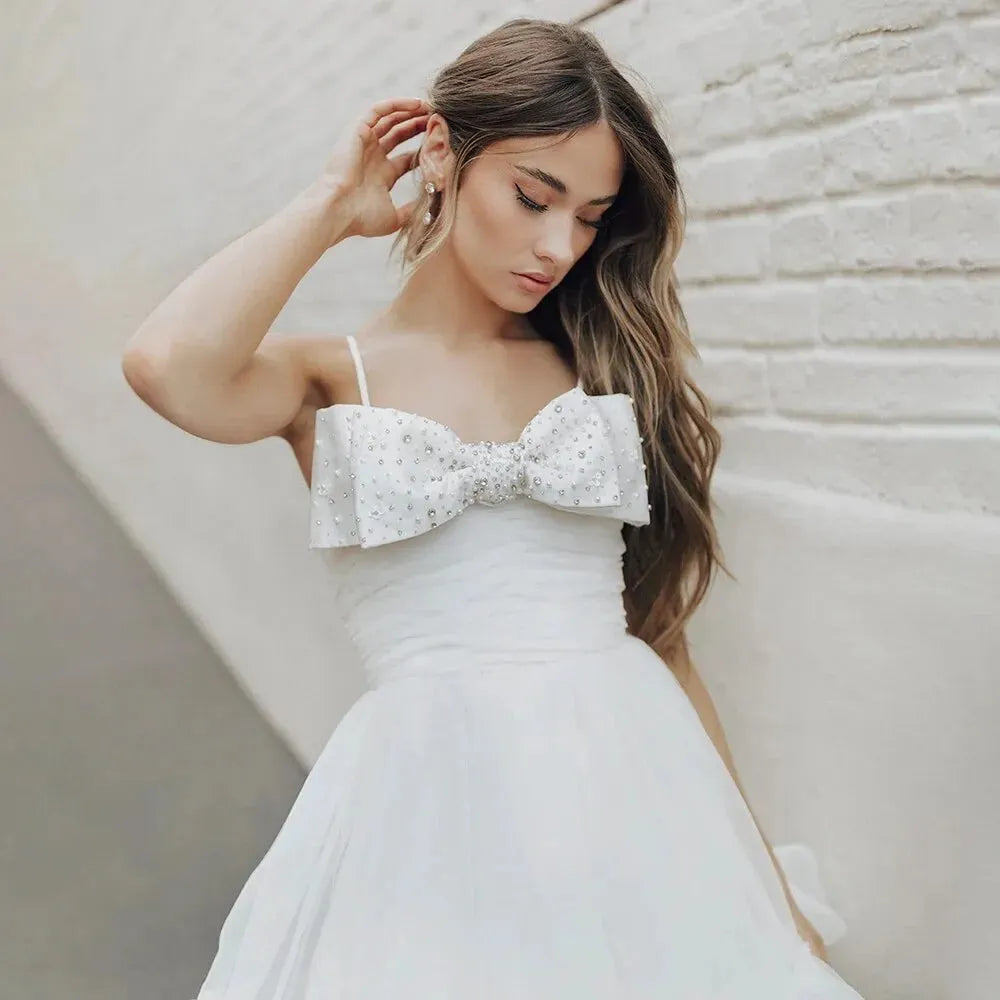 Beading Bow Mini Length Ruffles Tulle Wedding Party Dress Spaghetti Straps Above Knee Sleeveless Princess Bridal Gown wedding dress White