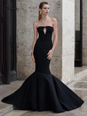 VC Black Sleeveless Mermaid Bandage Long Dress Sexy Key Hole Open Back Floor Length Court Train Gown Evening Party Wear