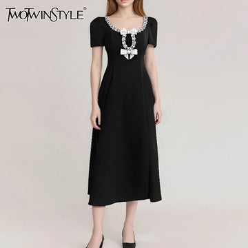 Solid Slimming Spliced Bowknot Elegant Dresses for Women Round Neck Short Sleeves Patchwork Bead Dress Female New