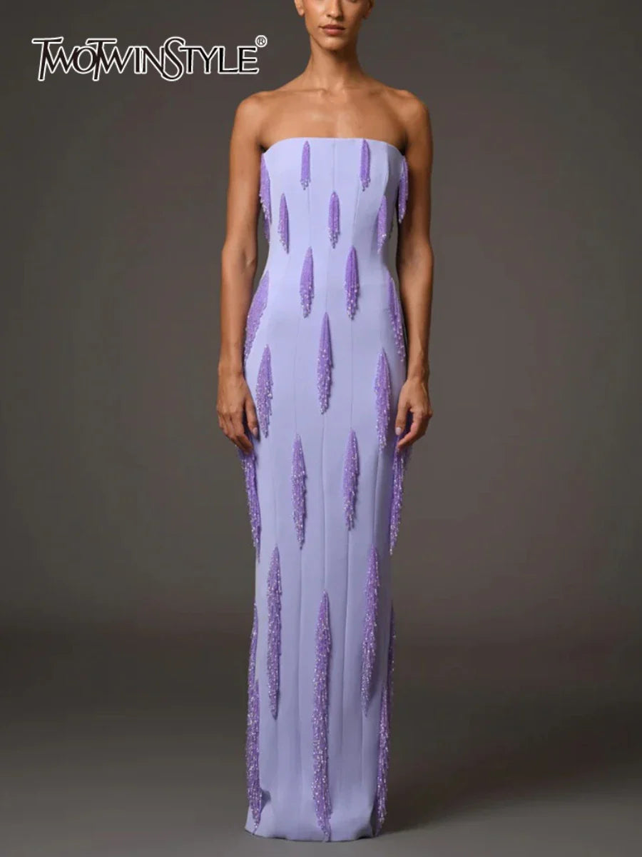 Purple Slimming Spliced Bead Elegant Dresses for Women Strapless Sleeveless Temperament Dress Female Clothing New