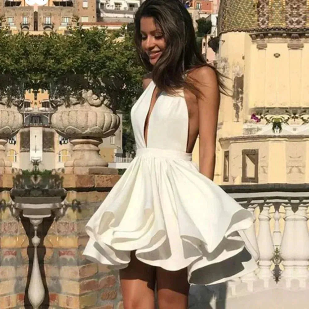 Sexy Halter Collar Short Wedding Dress For Bride Sleeveless A-Line Bridal Gown Simple Satin Vestido De Novia champagne Short Wedding Dress