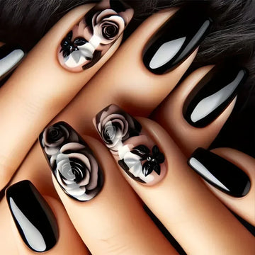 24Pcs Solid Black Short False Nails with Rose Pattern Design Ballerina Square Artificial Full Cover Press on Nail Tips for Girls