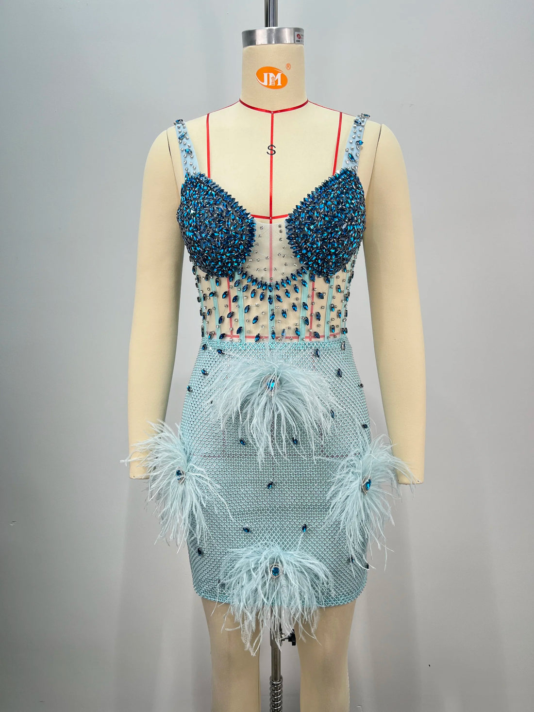 Luxury Feather Dazzling Diamonds Sexy Mesh See Through Light Blue Mini Dress Celebrity Birthday Party Dress Performance Costume
