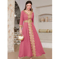 Vintage Women Long Dress Ethnic Abaya Embroidery Lace Arabic Muslim Islamic Clothing Kaftan Turkey Middle East Ramadan Jalabiya Pink