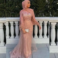 Muslim Pink Mermaid Evening Dresses for Women Long Sleeves Feathers Sequined Lace Hijab Soiree Formal Occasion Dress White