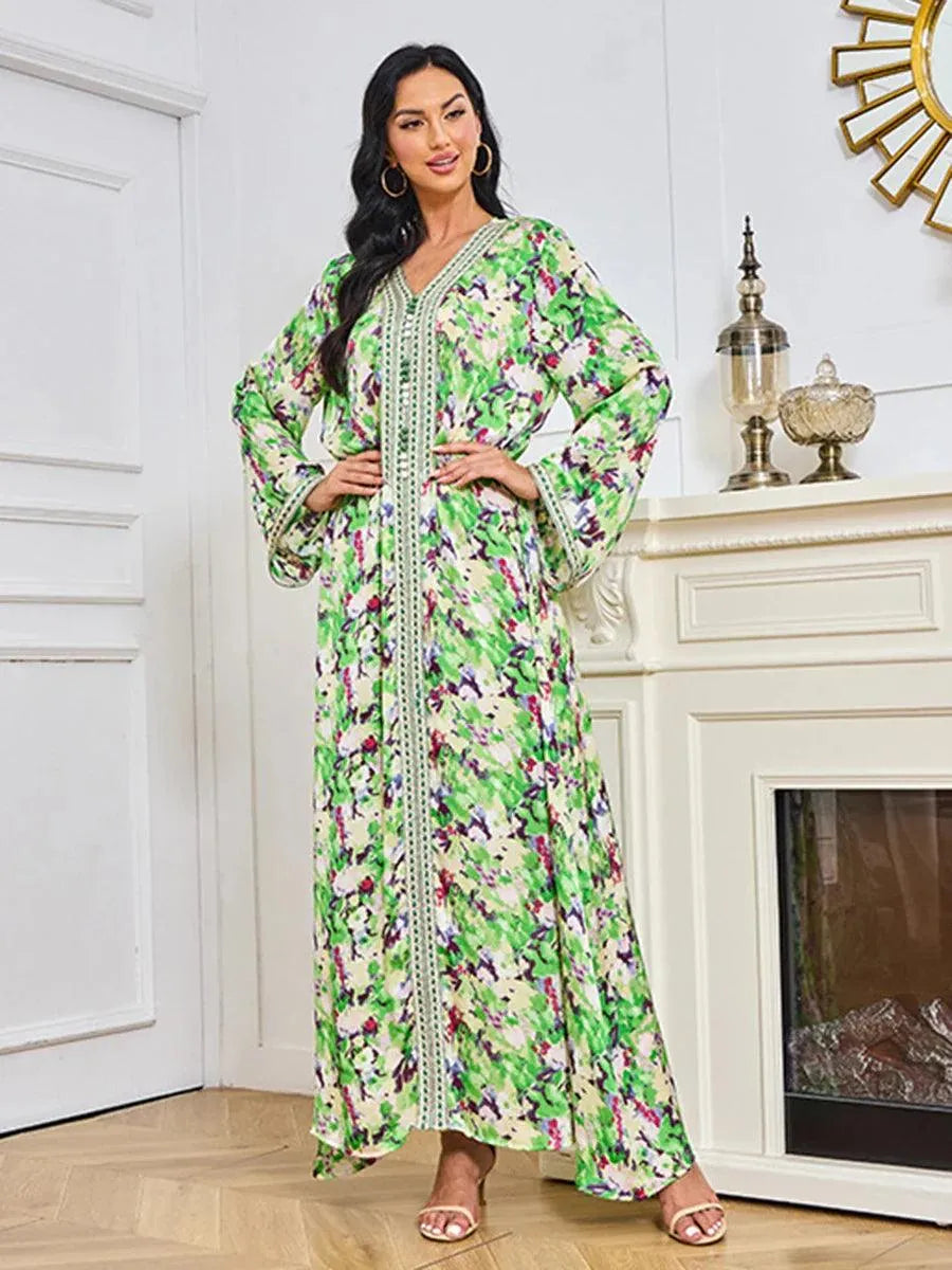 Abaya Turkish Female Chic Printing Full Sleeve V-Neck Belted Clothing Casual Long Dress For Women Saudi Arabia Green Dress