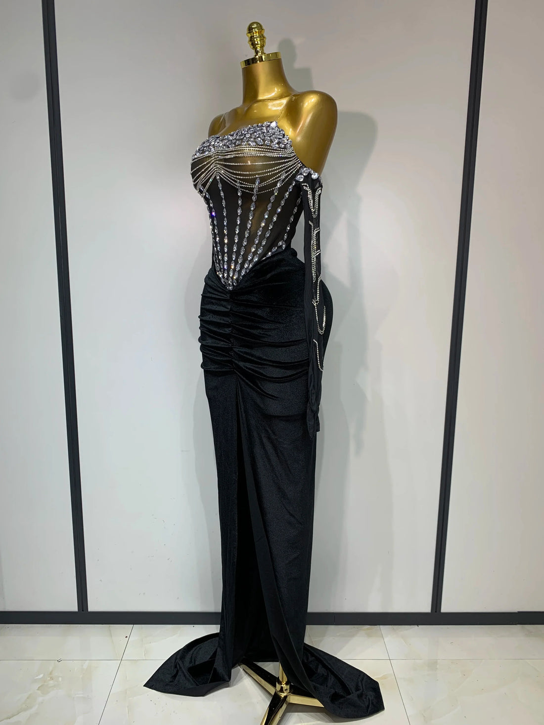 Women Sexy Strapless Rhinestone bodysuit Skirt Three Piece Set Celebrity Elegant Evening Party Birthday Dresses Stage Costume