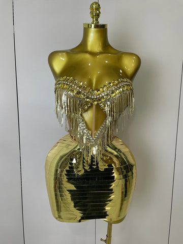 Sparkly Gold Rhinstones tassels Top Skirt Two-piec Set  Women Sexy Strapless Designer Nightclub Evening Party Stage Outfit