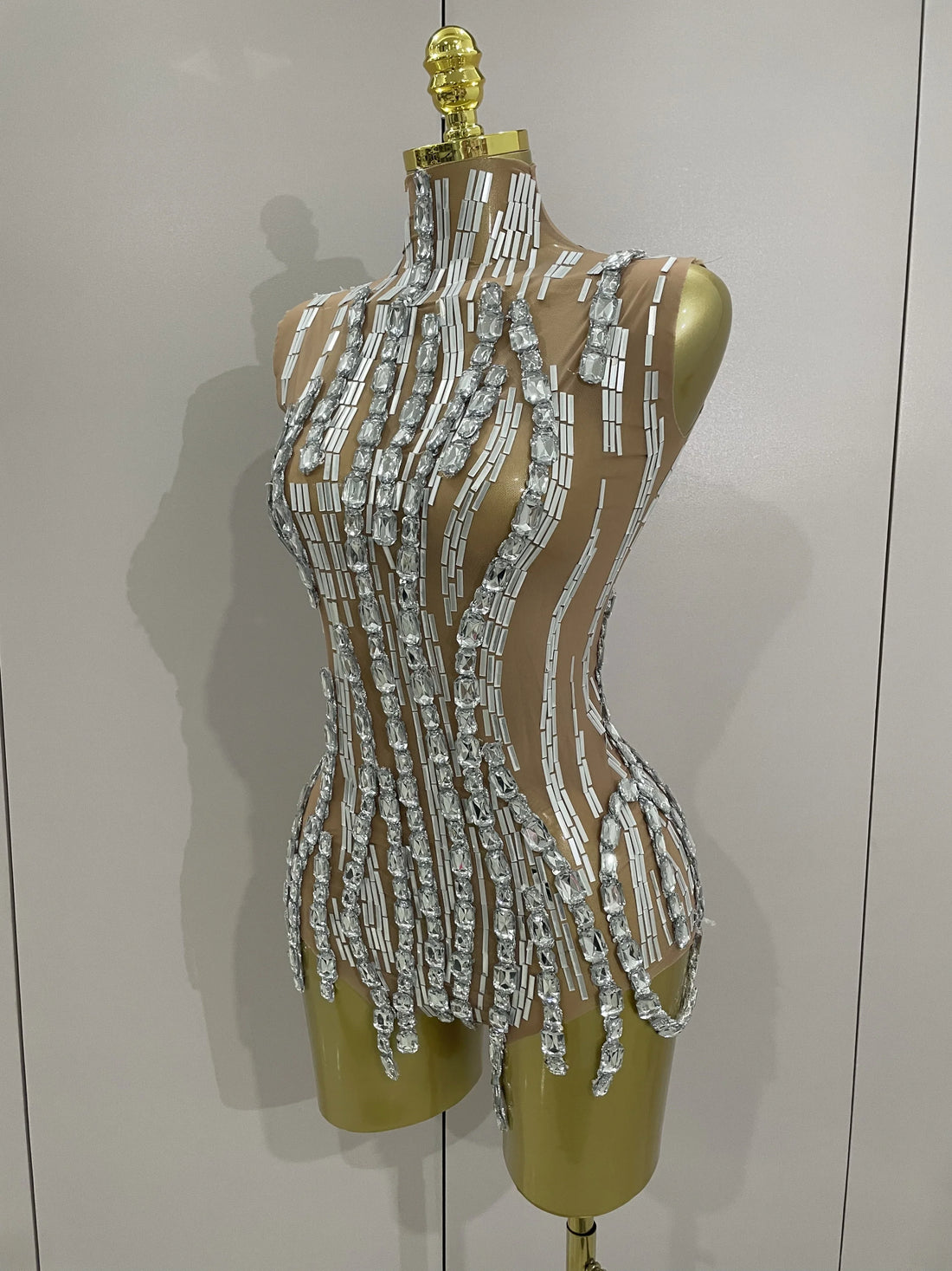 Sparkly Rhinestone Chain Sexy Transparent Sleeveless Bodysuit Women Party Nightclub Team Performance Costume Show Stage Wear