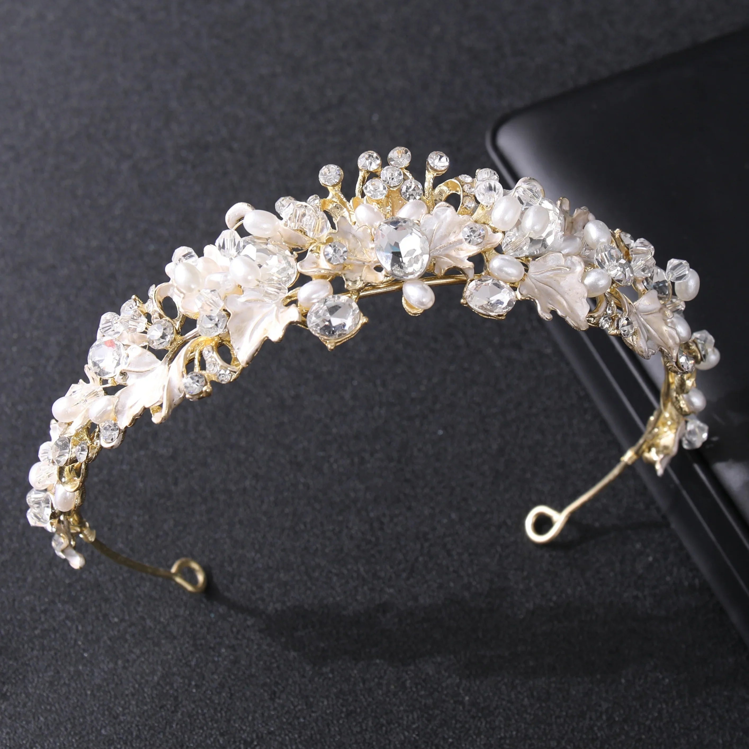 Silver Color Pearl Crystal Crown Headband Flower Rhinestone Gold Tiara Diadem Party Women Bride Wedding Hair Accessories Jewelry