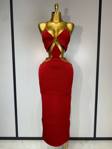 Women Sleeveless Sexy Halter Hollow Out Black Red Bodycon Long Bandage Dress  Celebate Elegant Luxury Birthday Club Dress